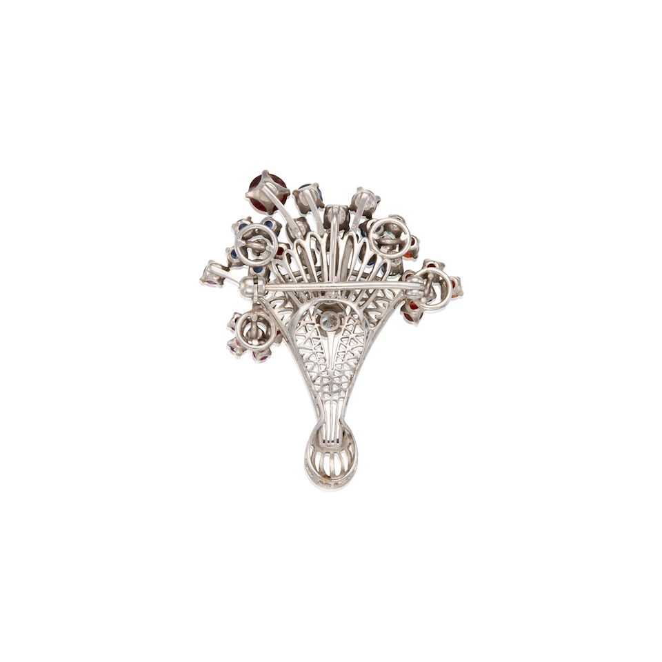 ANTIQUE 14K WHITE GOLD MULTISTONE BASKET BROOCH - 2