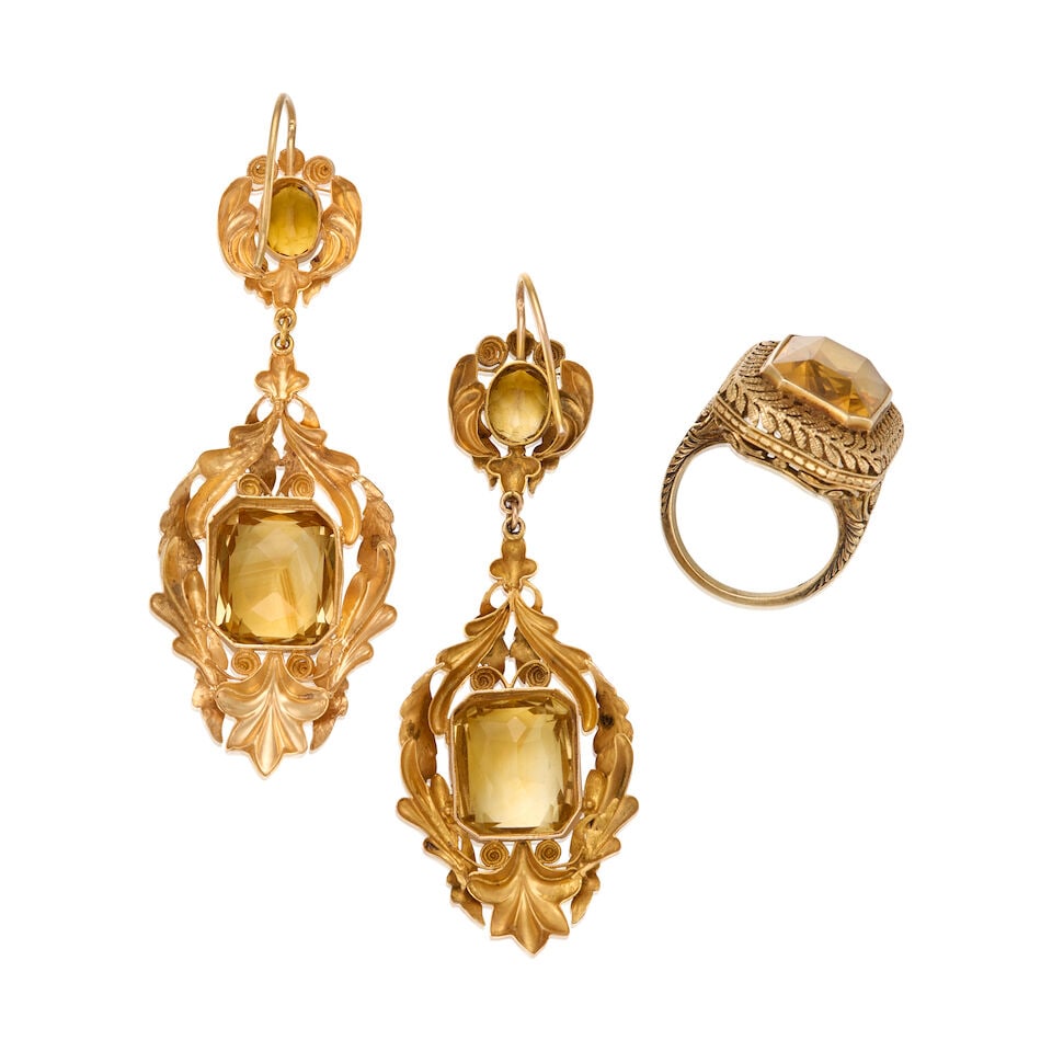 ANTIQUE GOLD AND CITRINE RING AND EARRINGS - 2