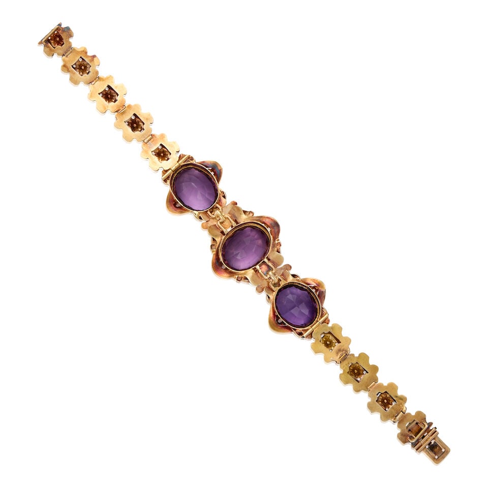 ANTIQUE 12K YELLOW BLOOMED GOLD AND AMETHYST BRACELET - 2