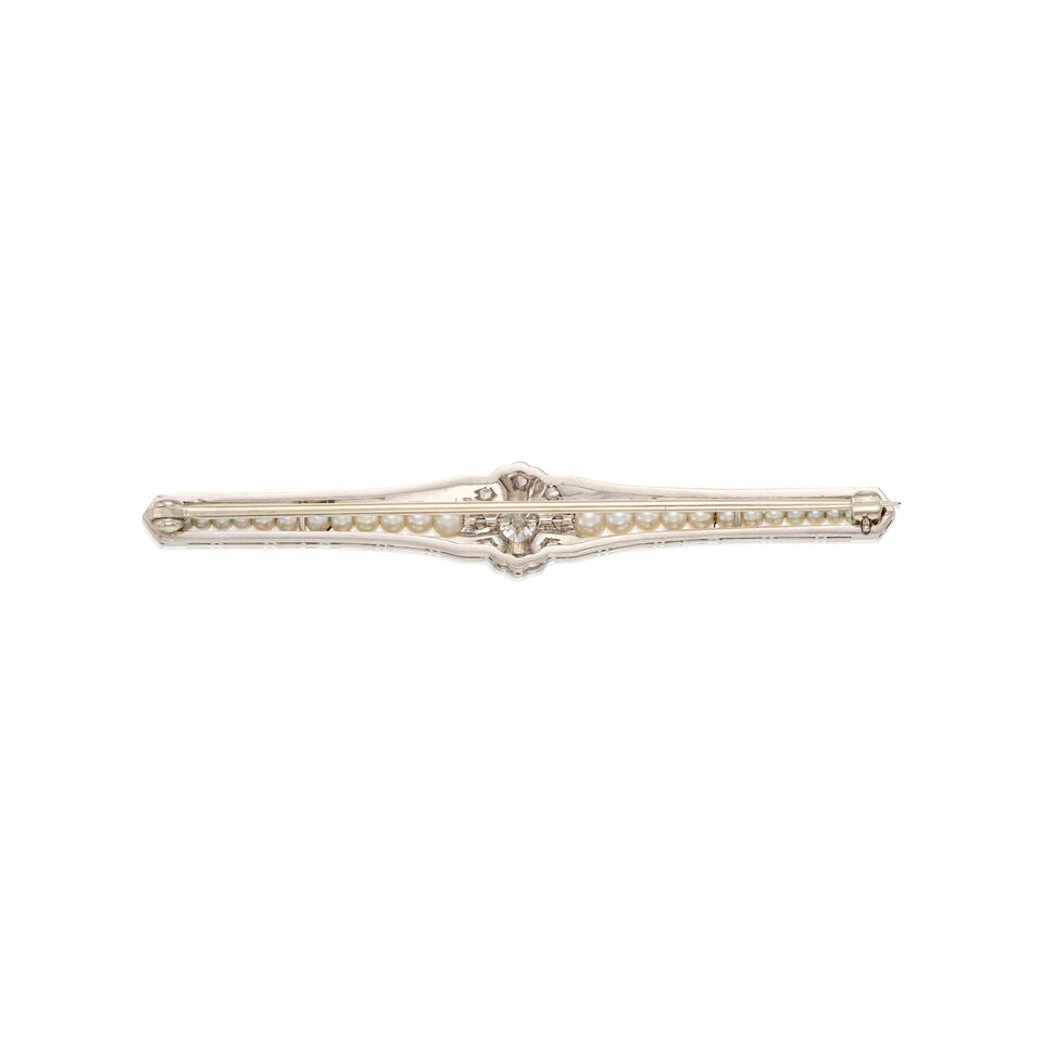 MARCUS & CO: CULTURED PEARL, AND DIAMOND ANTIQUE PIN BROOCH - 2