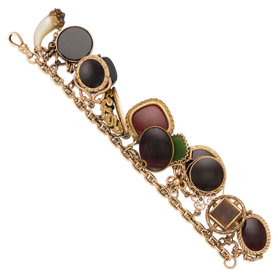 ANTIQUE WATCH FOB CHARM GOLD BRACELET - 2