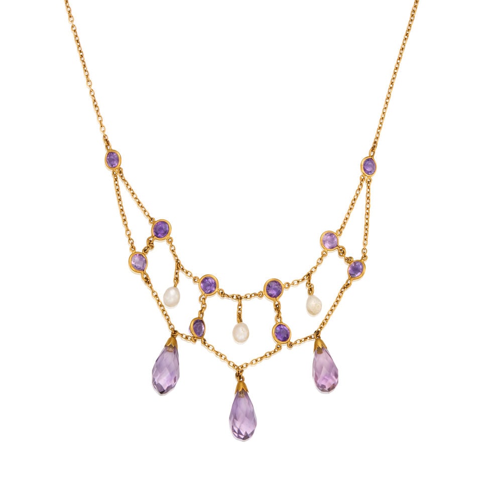 VICTORIAN 15K YELLOW GOLD, CULTURED PERAL, AND AMETHYST NECKLACE: VICTORIAN 15K YELLOW GOLD, CULTURED PERAL, AND AMETHYST NECKLACE • Three cultured pearls measuring approximately 4.37mm in diameter • Ten round shaped amethyst weighing approximately 2