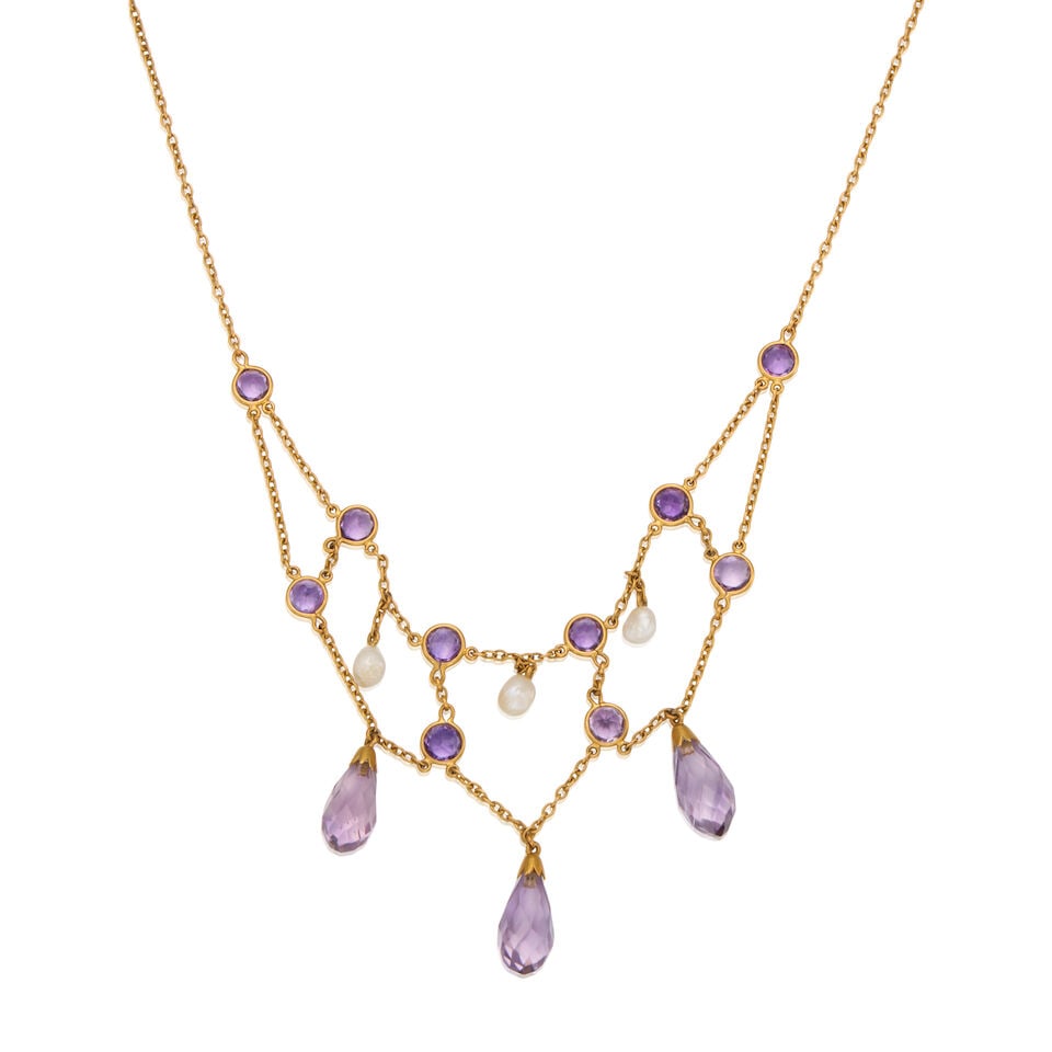 VICTORIAN 15K YELLOW GOLD, CULTURED PERAL, AND AMETHYST NECKLACE - 2