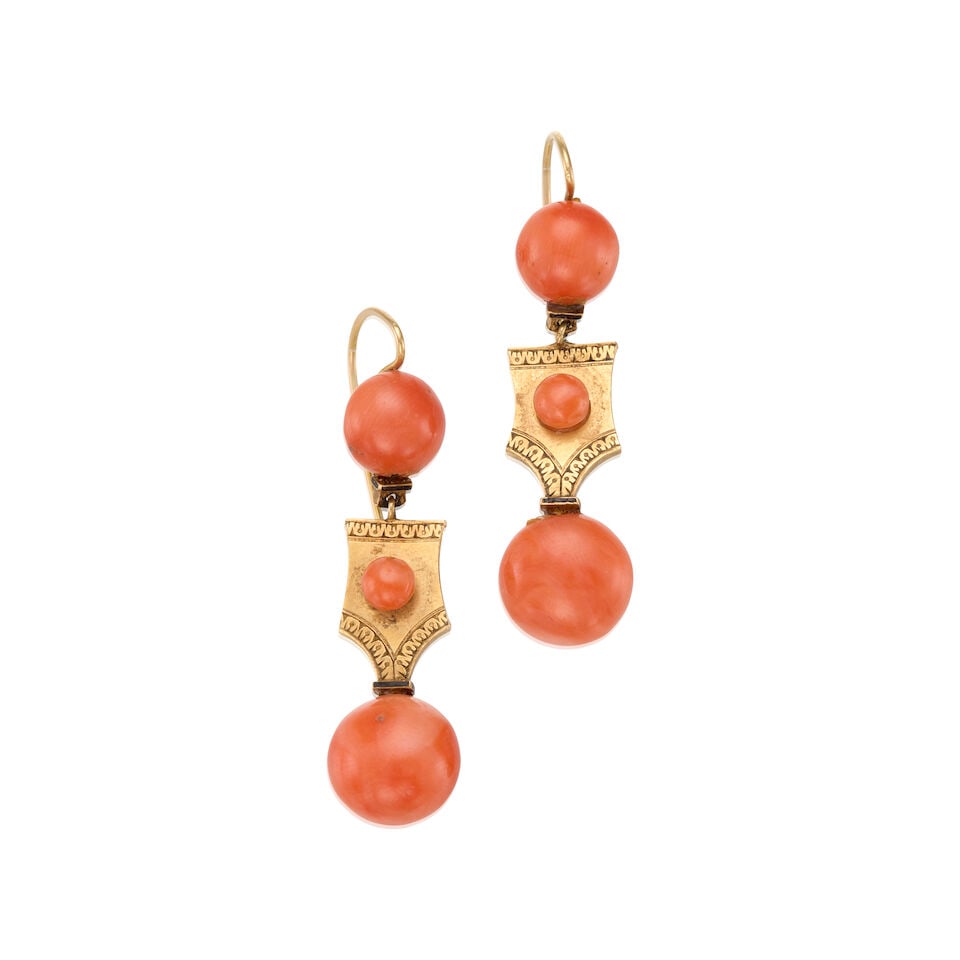 ANTIQUE GOLD AND CORAL EARRIGNS: ANTIQUE GOLD AND CORAL EARRIGNS • 14K and 16K yellow gold • Six round shaped coral measuring approximately 4.92mm to 11.75mm in diameter • Measures 1 3/4 in. x 1/2 in. •