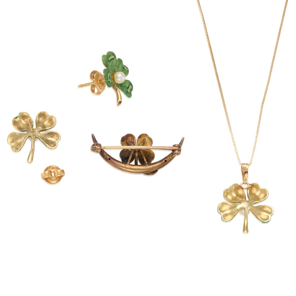 ANTIQUE 14K GOLD, CULTURED PEARL AND ENAMEL CLOVER JEWELRY SET - 2