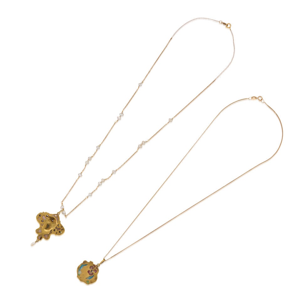 TWO ART NOUVEAU GOLD AND ENAMEL PENDANT NECKLACES - 2