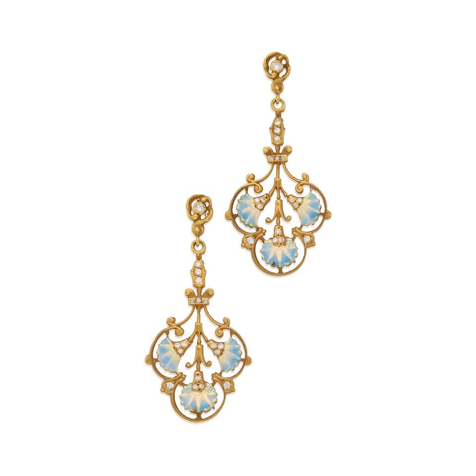 ANTIQUE 14K GOLD, DIAMOND AND ENAMEL EARRINGS: ANTIQUE 14K GOLD, DIAMOND AND ENAMEL EARRINGS • Thirty-six round brilliant cut diamonds weighing approximately 0.21 carat total • Measures 1 3/4 in. x 3/4 in. • Estimated gross