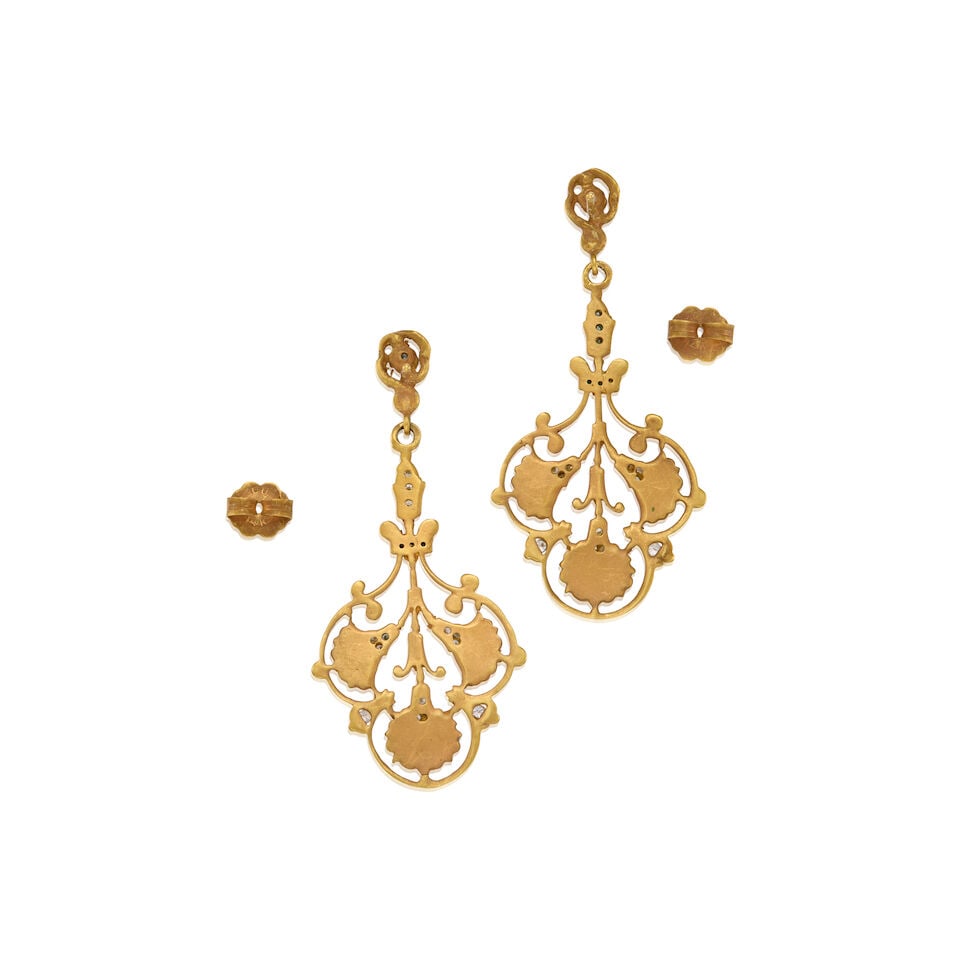 ANTIQUE 14K GOLD, DIAMOND AND ENAMEL EARRINGS - 2