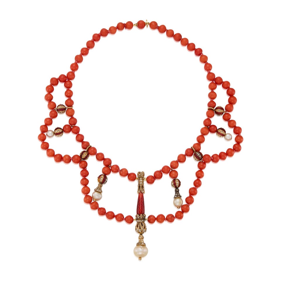 ANTIQUE 14K YELLOW GOLD, CORAL, CULTURED PEARL, ENAMEL, AND DIAMOND NECKLACE: ANTIQUE 14K YELLOW GOLD, CORAL, CULTURED PEARL, ENAMEL, AND DIAMOND NECKLACE • Numerous round and drilled coral beads measuring approximately 6.70mm in diameter • Five cultured pearls meas