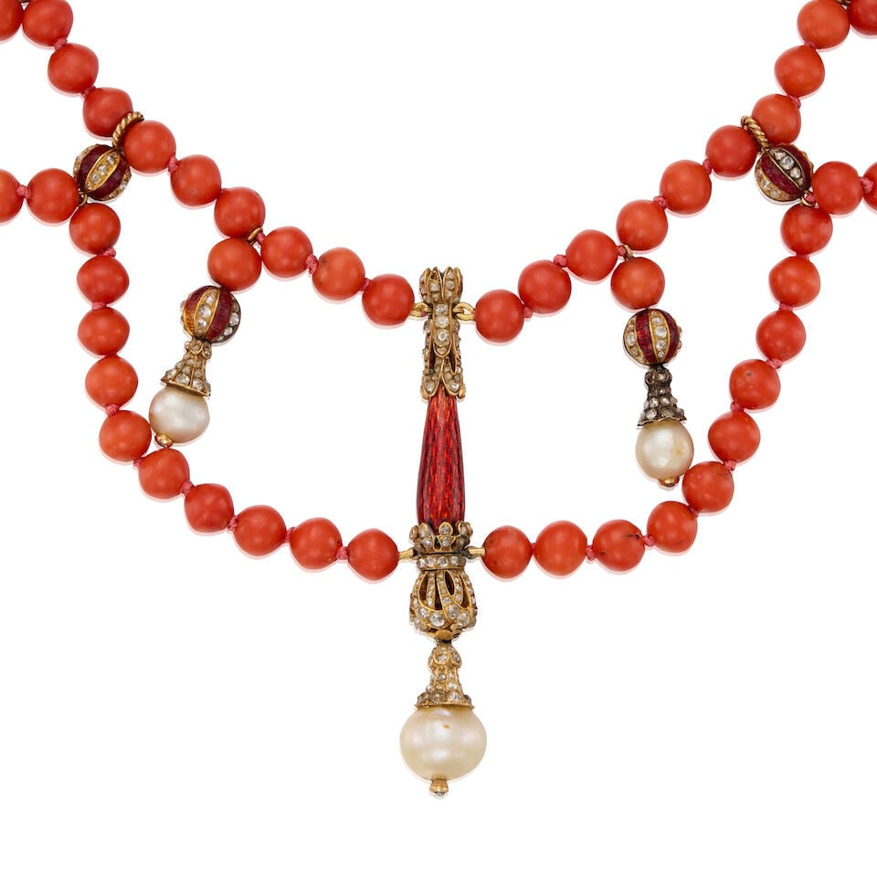 ANTIQUE 14K YELLOW GOLD, CORAL, CULTURED PEARL, ENAMEL, AND DIAMOND NECKLACE - 2