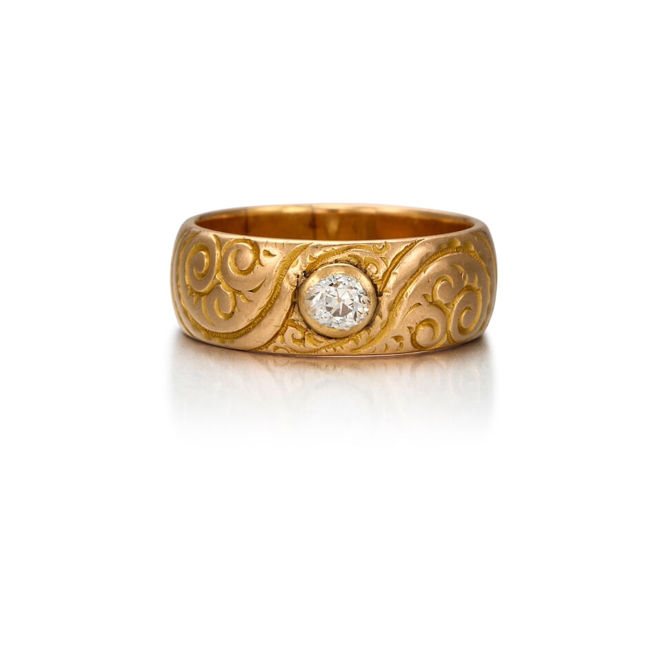ANTIQUE 18K GOLD AND DIAMOND BAND: ANTIQUE 18K GOLD AND DIAMOND BAND • 18K gold band with personal engraving • One old European cut diamond weighing approximately 0.35 carat • Size 8 • Estimated gross weight: