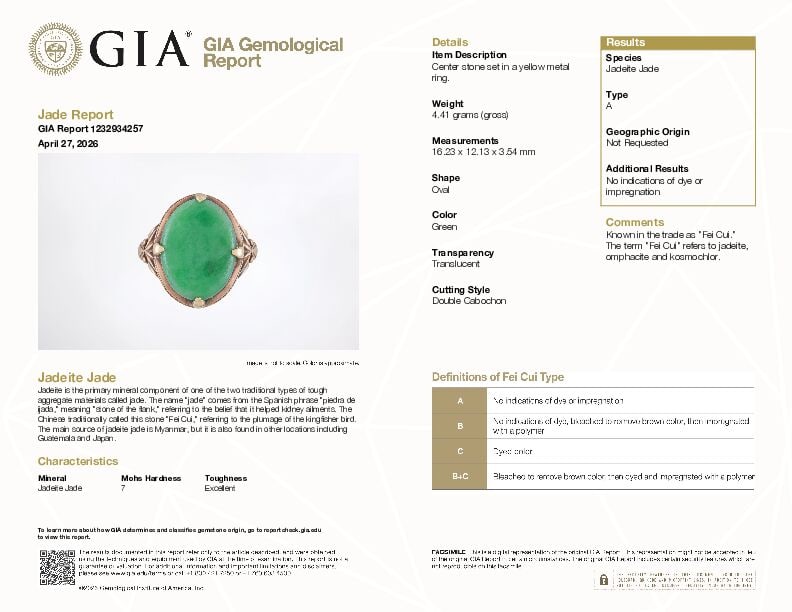 ANTIQUE 10K GOLD AND JADE RING WITH GIA REPORT - 2
