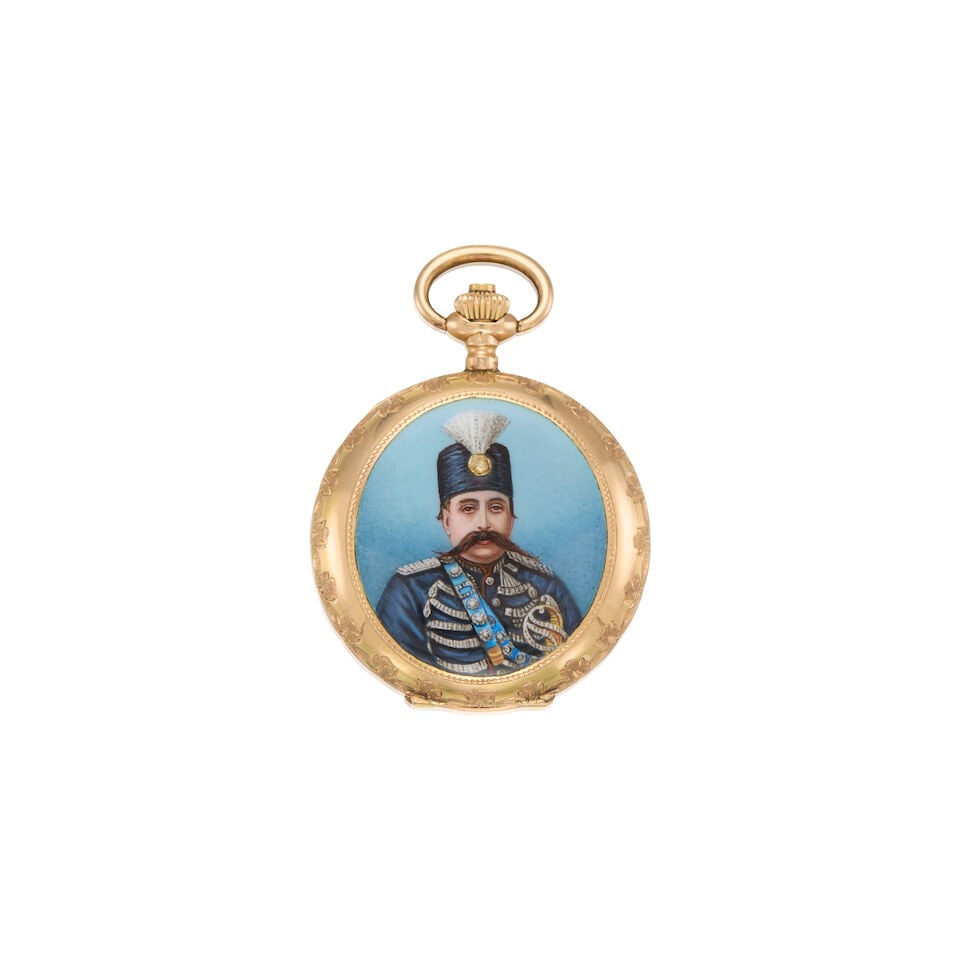14K GOLD, DIAMOND AND ENAMEL ANTIQUE POCKET WATCH: 14K GOLD, DIAMOND AND ENAMEL ANTIQUE POCKET WATCH • 14K gold watch case with enamel and one free form diamond measuring 1.14mm in diameter • Signed REMONTOIR on the back and serial number