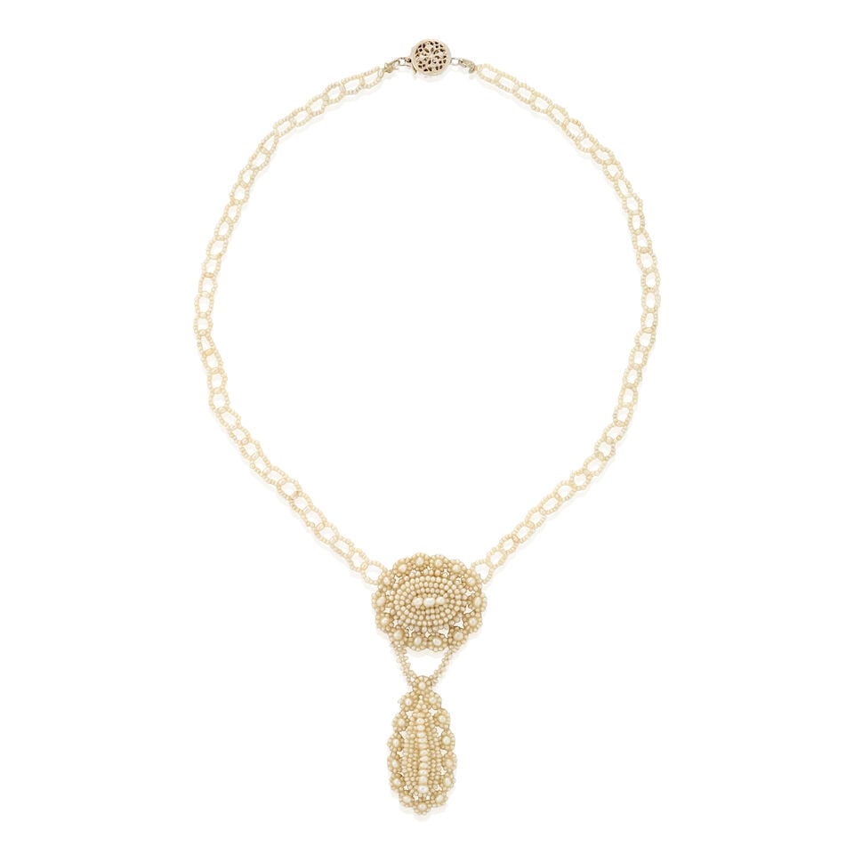 AN ANTIQUE STERLING SILVER, MOTHER OF PEARL, AND CULTURED PEARL NECKLACE (1 of 4)