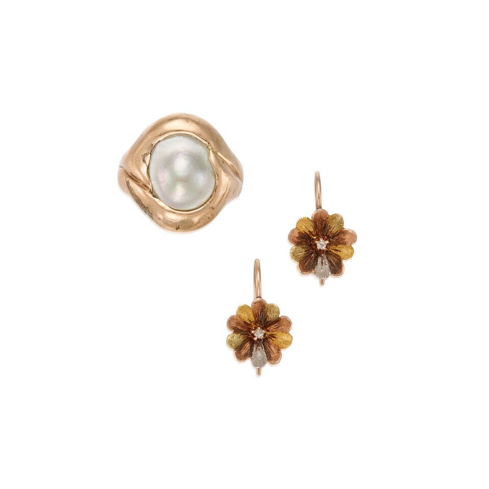 AN ANTIQUE 11K GOLD, CULTURED PEARL RING AND DIAMOND EARRINGS: AN ANTIQUE 11K GOLD, CULTURED PEARL RING AND DIAMOND EARRINGS • A 11K gold ring with one free form cultured blister pearl measuring approximately 11.08mm x 9.29mm, size 5 • A pair of 11K
