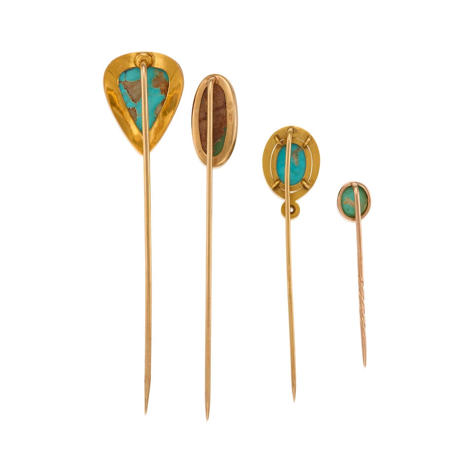 A GROUP OF ANTIQUE GOLD, TURQUOISE AND DIAMOND STICKPINS - 2