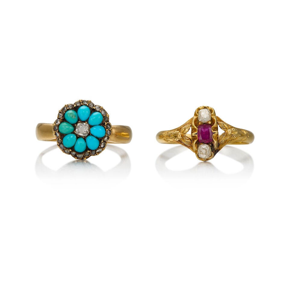 ANTIQUE GOLD, TURQUOISE, RUBY AND DIAMOND RINGS (1 of 2)