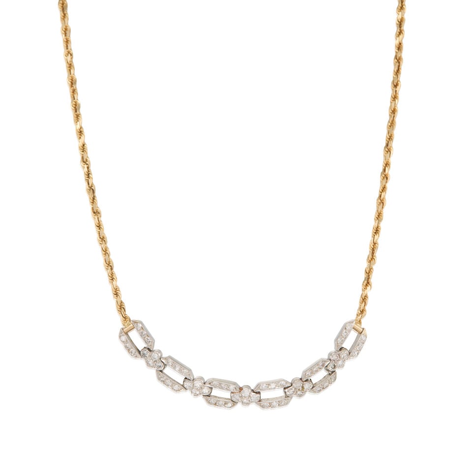 ANTIQUE DIAMOND NECKLACE: ANTIQUE DIAMOND NECKLACE • Platinum and 14K yellow gold • Numerous round shaped diamonds weighing approximately 0.55 carat total • Length 15 1/2 in. • Estimated gross weight: 7