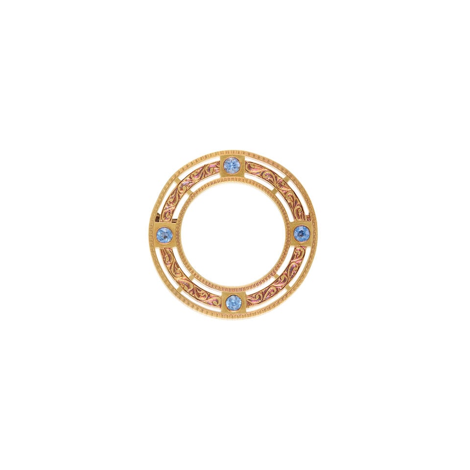 ANTIQUE 14K GOLD AND SAPPHIRE CIRCLE BROOCH: ANTIQUE 14K GOLD AND SAPPHIRE CIRCLE BROOCH • Four round shaped sapphire weighing approximately 0.40 carat total • Measures 1 1/8 in. in diameter • Estimated gross weight: 4.0