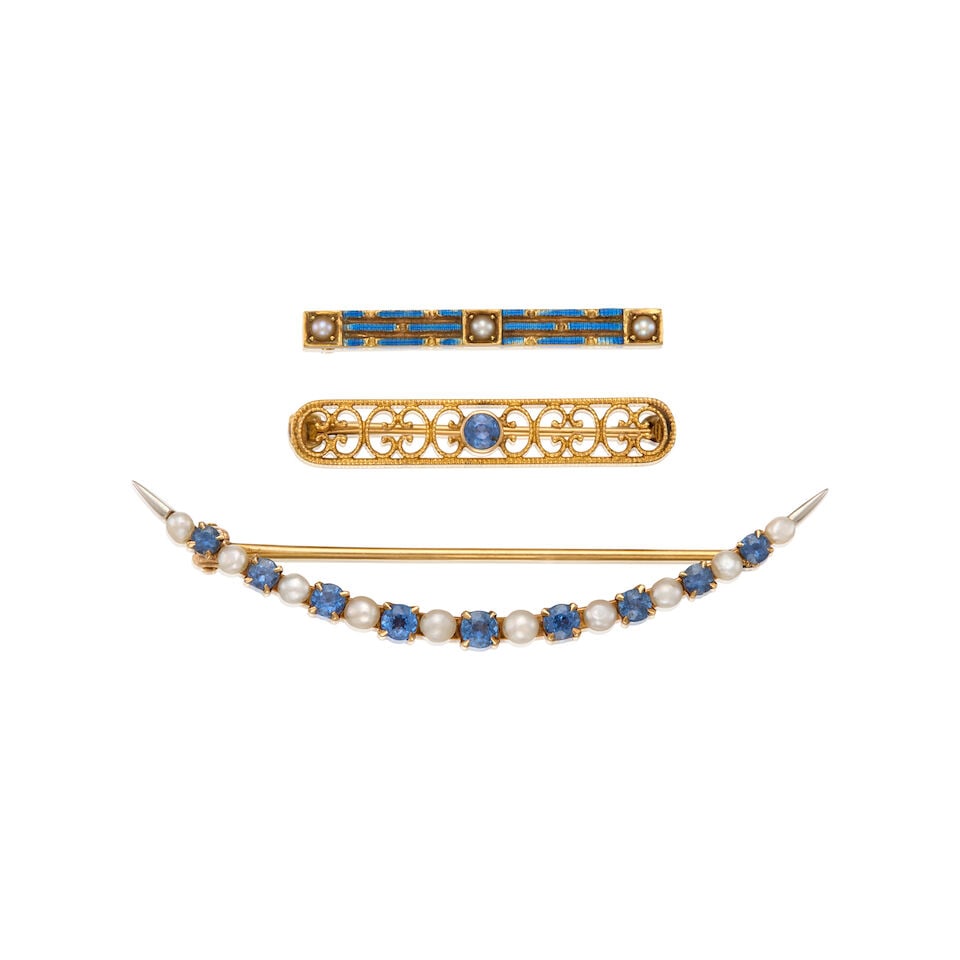 ANTIQUE 14K GOLD, CULTURED PEARL AND SAPPHIRE BROOCHES (1 of 2)