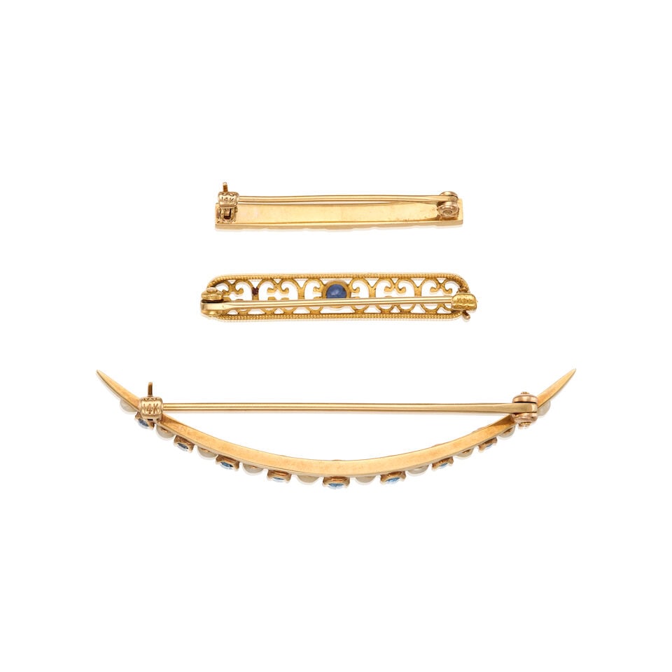 ANTIQUE 14K GOLD, CULTURED PEARL AND SAPPHIRE BROOCHES - 2