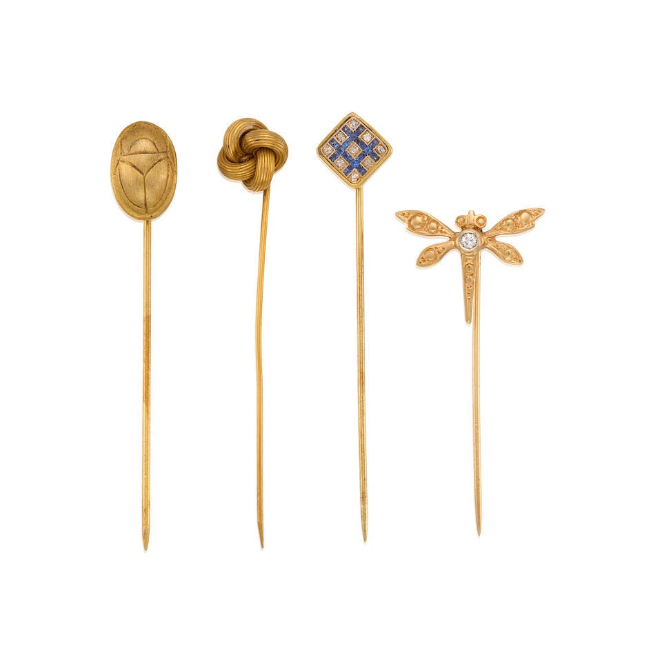A GROUP OF ANTIQUE GOLD, SAPPHIRE AND DIAMOND STICKPINS (1 of 2)