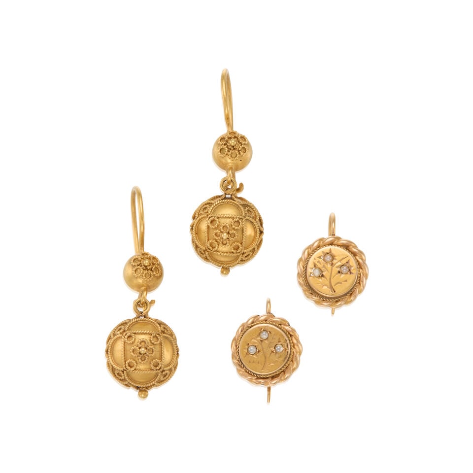 TWO PAIRS OF VICTORIAN BLOOMED GOLD EARRINGS: TWO PAIRS OF VICTORIAN BLOOMED GOLD EARRINGS • A pair of 14K yellow gold earrings, measures 1 1/4 in. x 7/16 in. • A pair of 14K yellow gold earrings with six white stones, measures 1/2