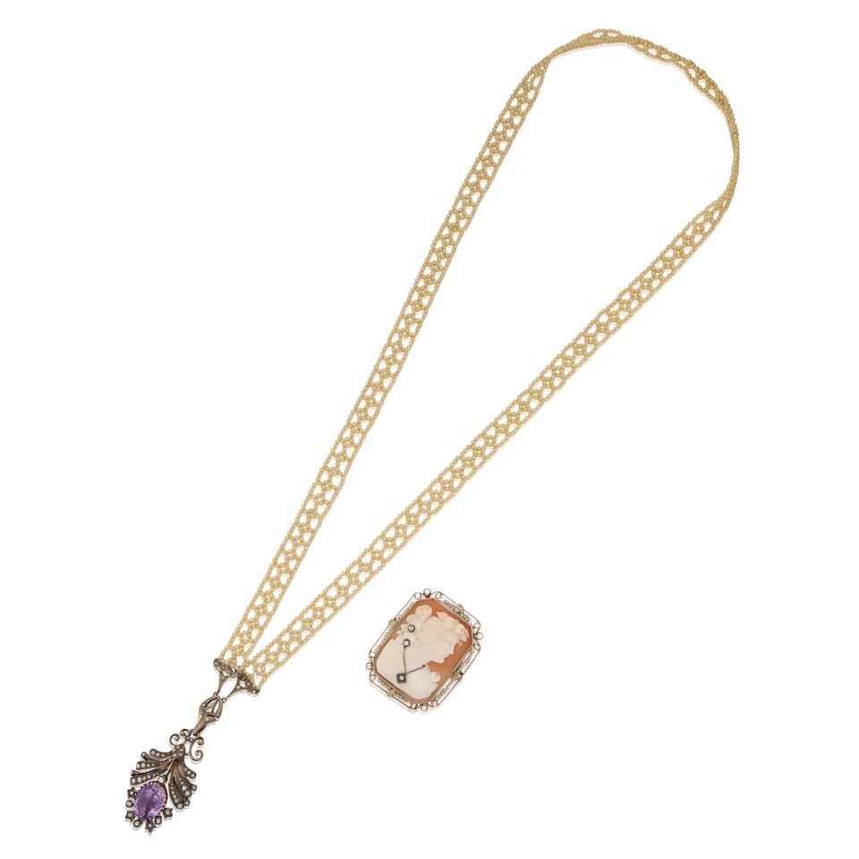ANTIQUE AMETHYST, CULTURED PEARL, AND FAUX PEARL JEWLERY: ANTIQUE AMETHYST, CULTURED PEARL, AND FAUX PEARL JEWLERY • A silver pendant necklace with one oval shaped amethyst weighing approximately 3.95 carats, numerous round shaped cultured pearls on pe