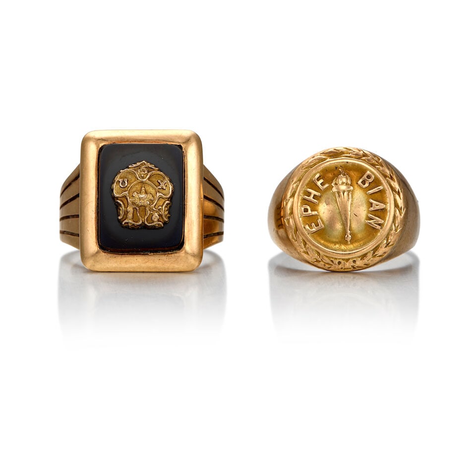 TWO ANTIQUE GOLD RINGS: TWO ANTIQUE GOLD RINGS • A 9K yellow gold ring with a carved and drilled onyx measuring approximately 12.55mm x 9.75mm x 1.87mm, with personal inscription, size 5 1/2 • A 8K and 10K