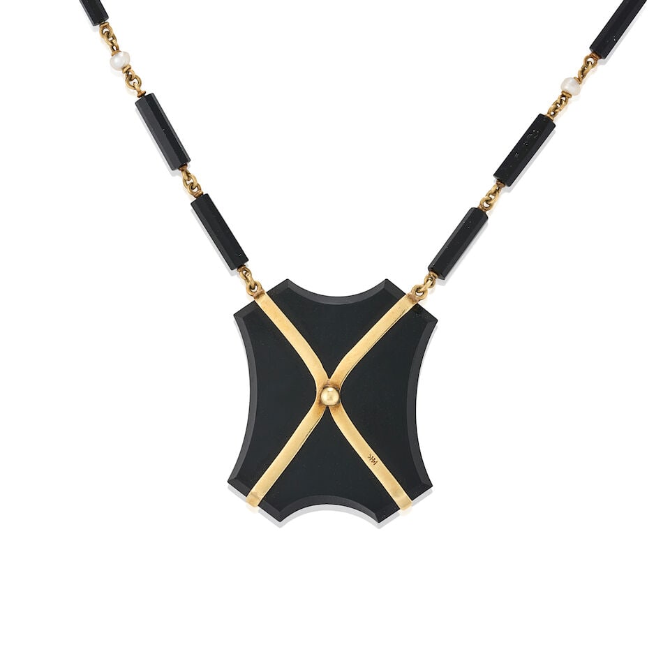 ANTIQUE 14K GOLD, ONYX AND CULTURED PEARL NECKLACE - 3