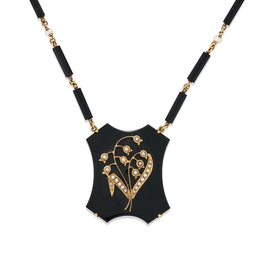 ANTIQUE 14K GOLD, ONYX AND CULTURED PEARL NECKLACE - 4