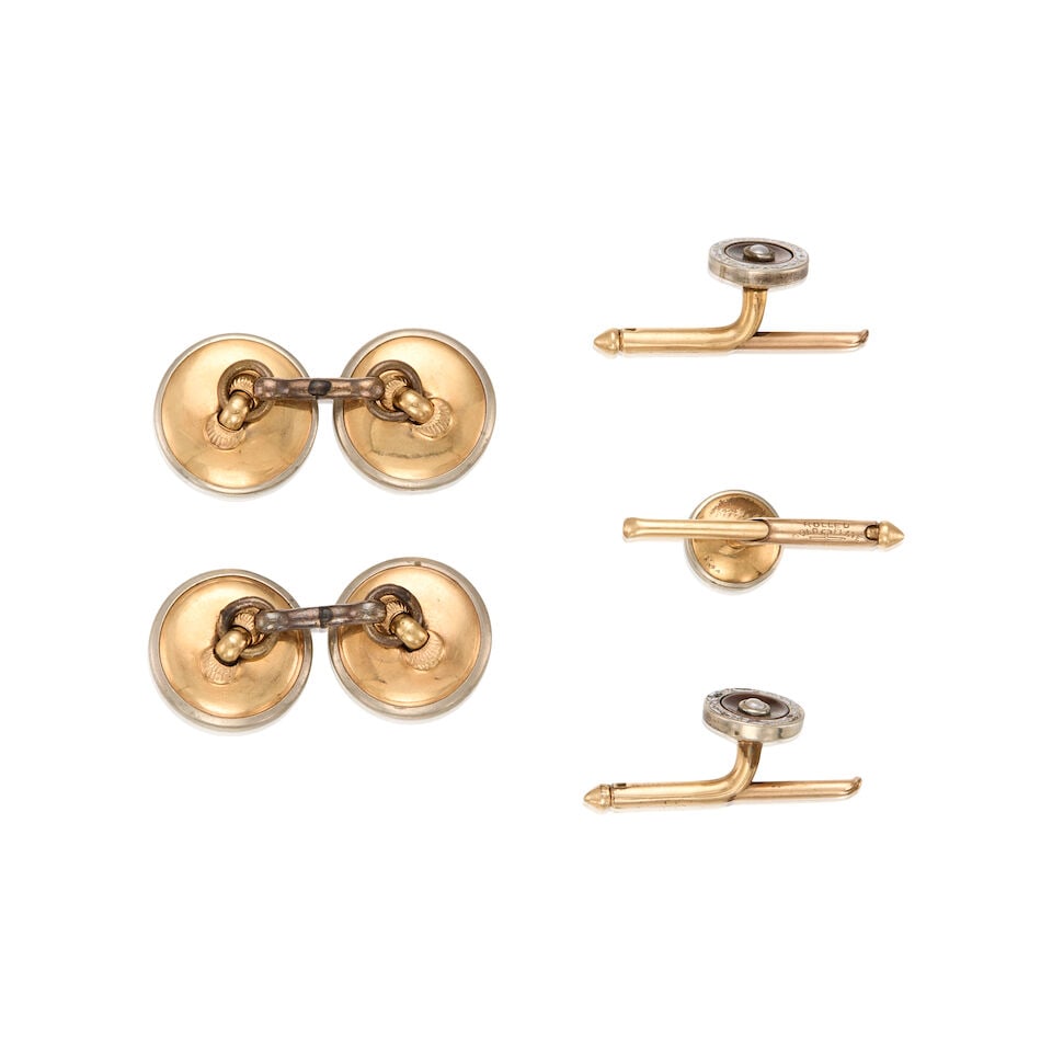 ANTIQUE GOLD SILVER, MOTHER OF PEARL AND ENAMEL SHIRT STUD SET - 2