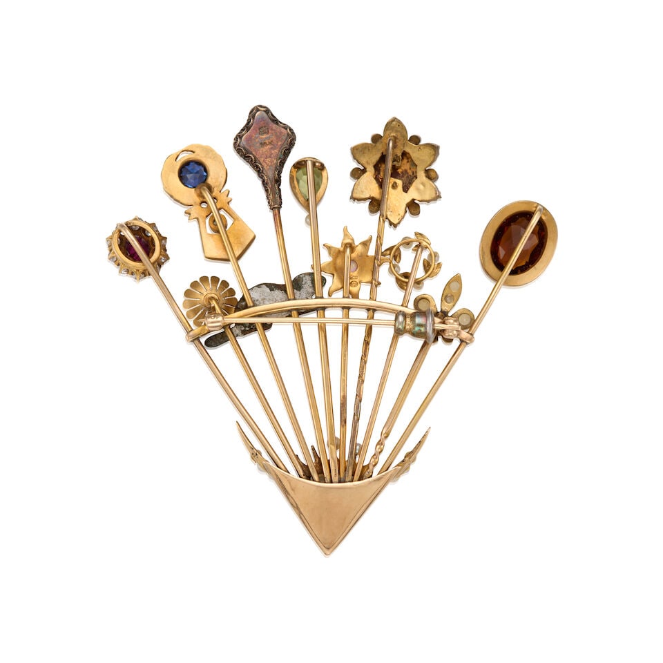 ANTIQUE 14K GOLD, GEMSTONE, CULTURED PEARL AND ENAMEL STICKPIN BROOCH - 2