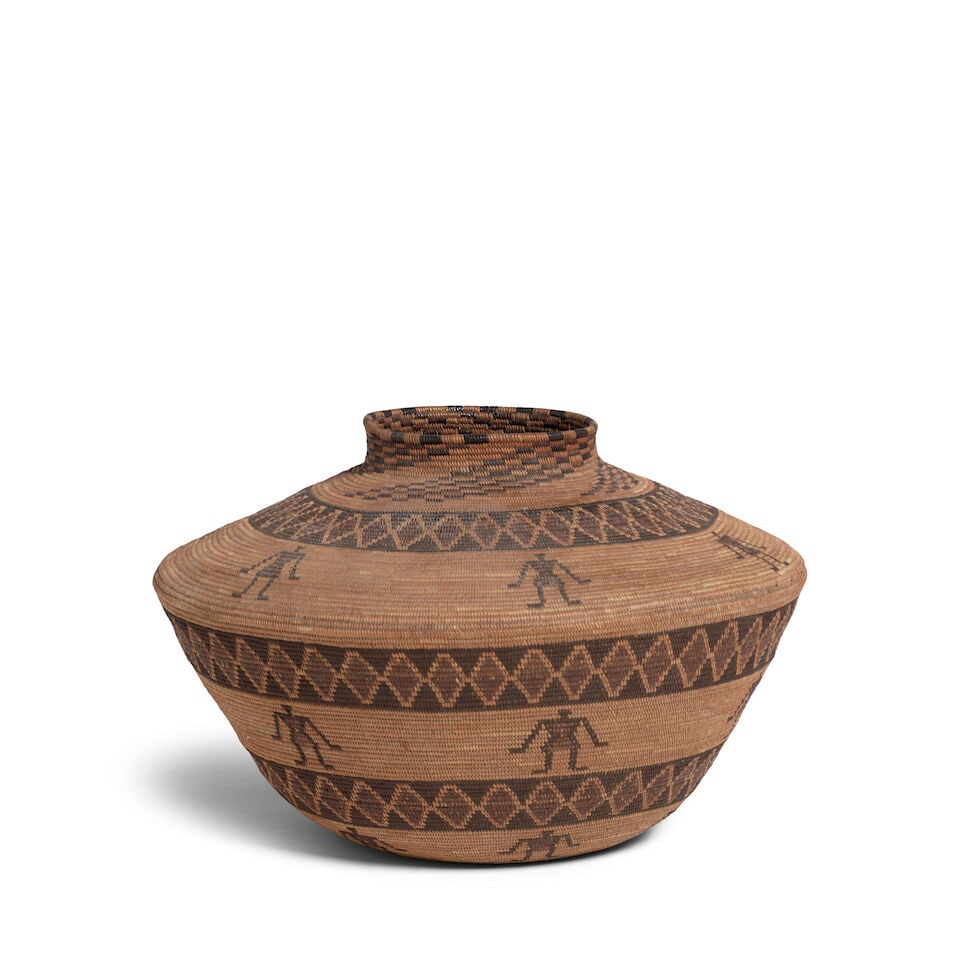 A Louisa (Lasyeh) Francisco (Mrs. Dick Francisco), Bancalache Yokuts polychrome pictorial bottle...: Louisa (Lasyeh) Francisco (Mrs. Dick Francisco) Bancalache Yokuts, (1857-1953), a finely woven polychrome pictorial bottleneck basket, alternating rattlesnake bands with rows of human figures, a
