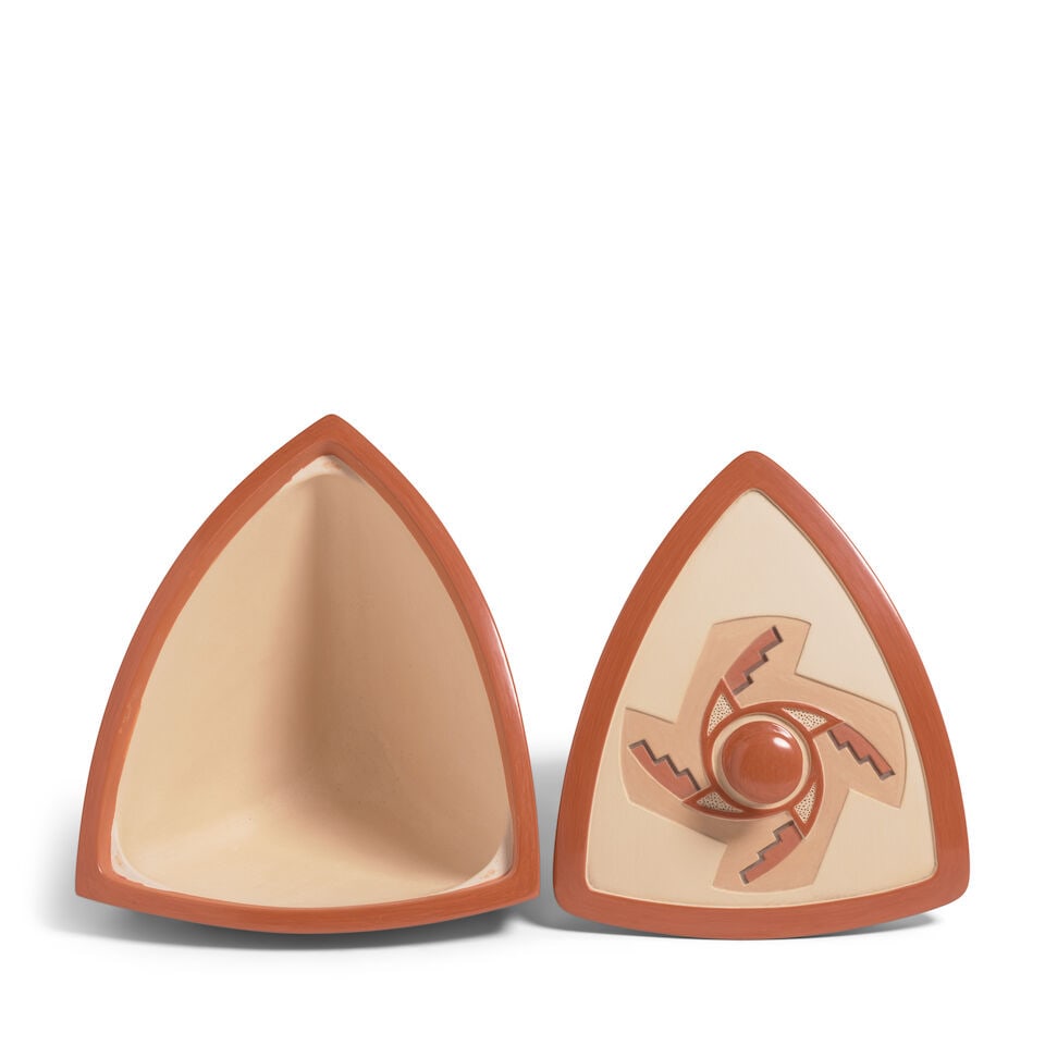 An Al Qöyawayma carved triangular lidded redware pottery vessel, 2010 - 2
