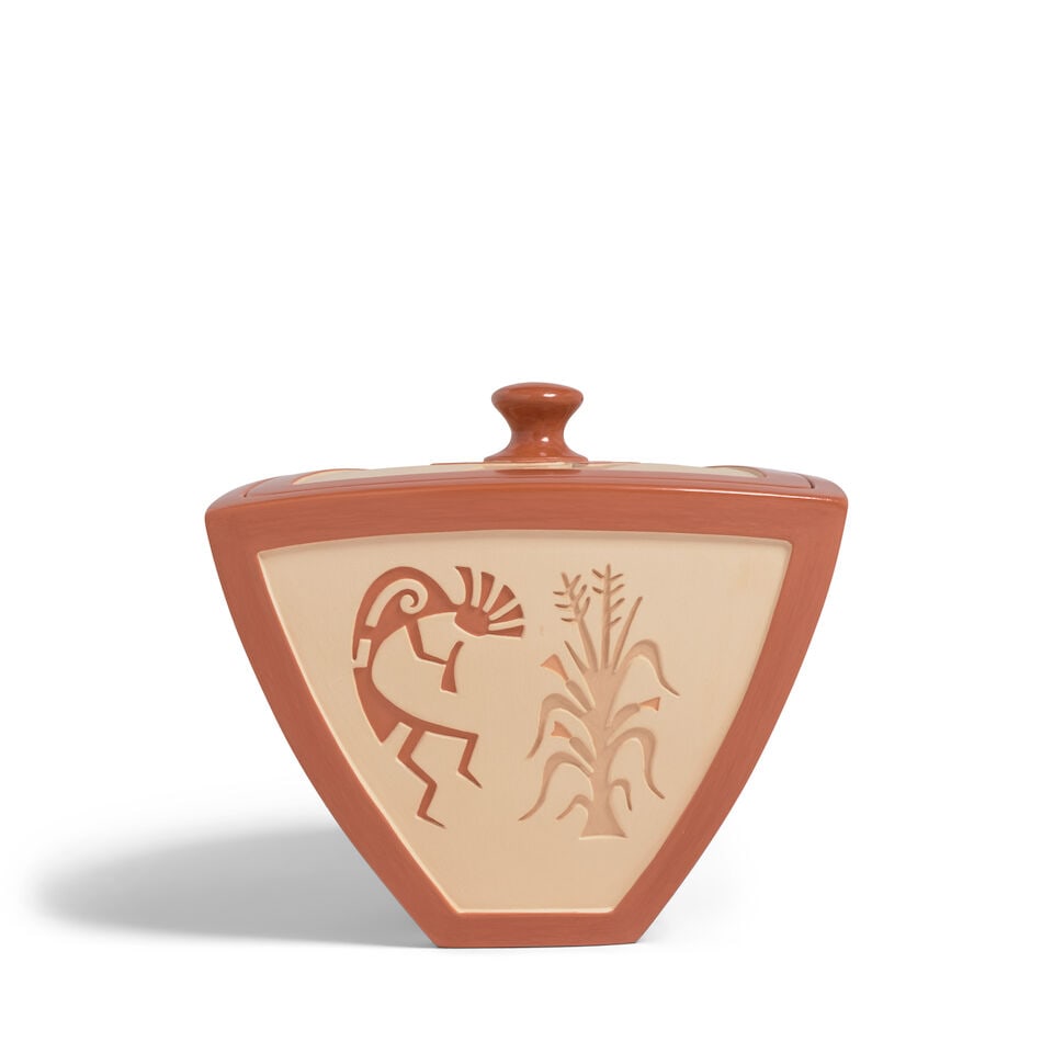 An Al Qöyawayma carved triangular lidded redware pottery vessel, 2010 - 3