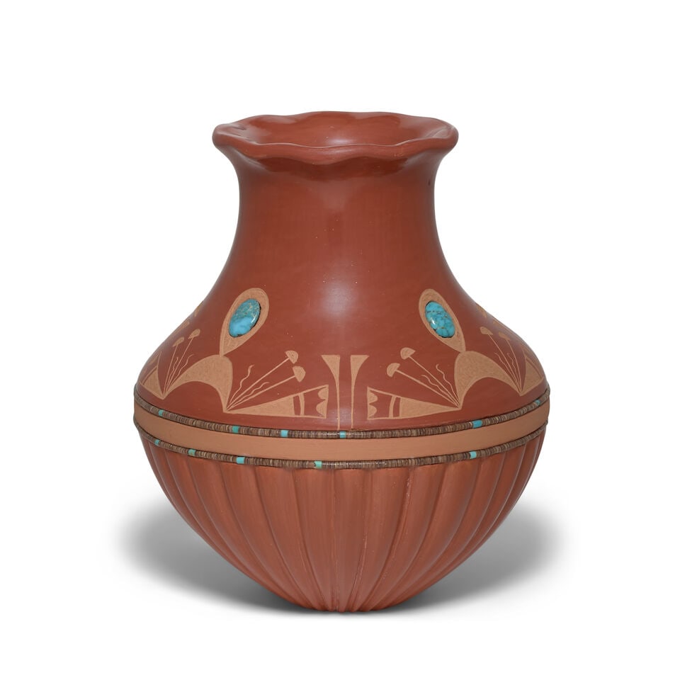 A Russell Sanchez petite sgraffito redware vase: Russell Sanchez San Ildefonso, (b. 1963), a petite redware vase, four repeat registers of sgraffito motifs set with gem polished turquoise cabochons below the neck, a double row of heishi banding
