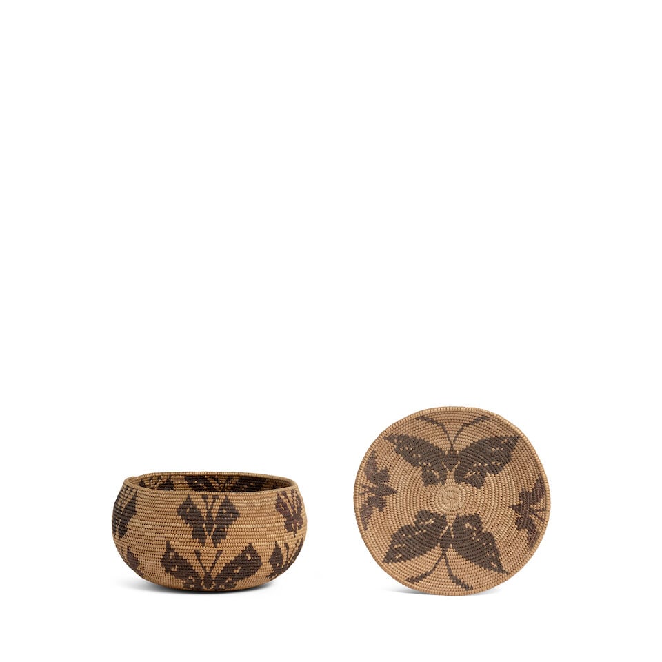 Two Maidu petite pictorial baskets: Two Maidu petite pictorial baskets Including a polychrome bowl and a tray, each decorated with butterflies or moths of varying size. Bowl: diameter 5 1/2in, height 3 1/8in; Tray: diameter 5 1/8in