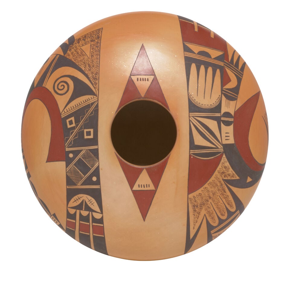 A Dextra Quotskuyva Nampeyo polychrome jar: Dextra Quotskuyva Nampeyo Hopi-Tewa, (1928-2019), a polychrome seed jar, two distinct registers of Sikyatki-revival avian motifs flanking the opening, etched signature 'Dextra' with ear of corn