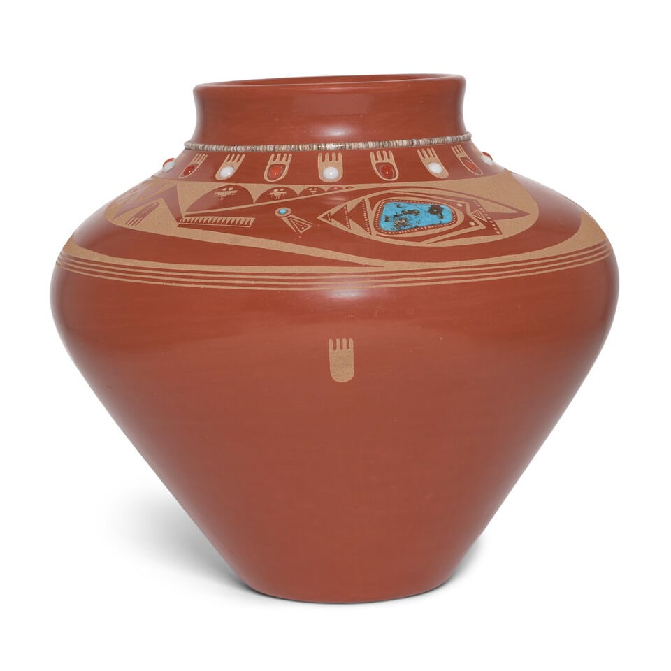 A Tony Da sgraffito redware jar with turquoise and coral inlay (1 of 5)