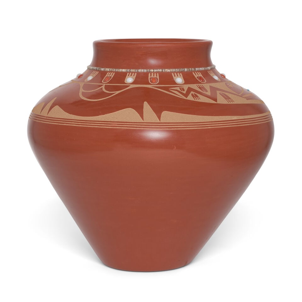A Tony Da sgraffito redware jar with turquoise and coral inlay - 5