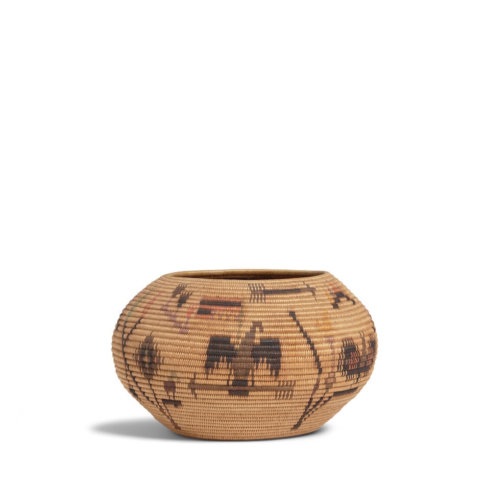 A Sarah Jim Mayo, Washoe polychrome pictorial basket: Sarah Jim Mayo Washoe, (1860-1918), a polychrome pictorial degikup basket, four branching plant forms at the cardinal points, each variously adorned with leaves, blossoms and roosting birds, the