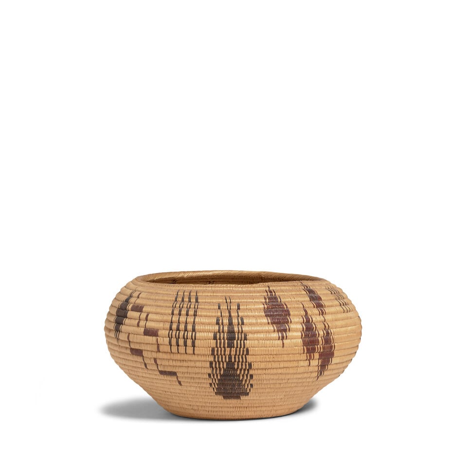 A Sarah Jim Mayo, Washoe degikup polychrome basket: Sarah Jim Mayo Washoe, (1860-1918), a polychrome degikup basket, aligning four finely-fringed plant forms or triangular elements at the cardinal points, alternating registers of various diamond