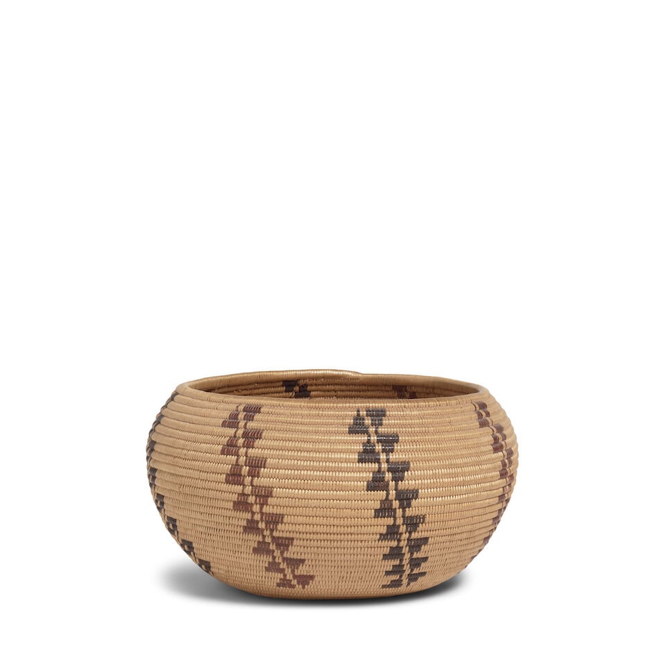 A Tootsie Dick Sam, Washoe polychrome degikup basket: Tootsie Dick Sam Washoe, (1855-1929), finely woven in characteristic degikup form, decorated with split diagonal sawtooth columns in alternating colors. diameter 6 5/8in, height 3 1/2in