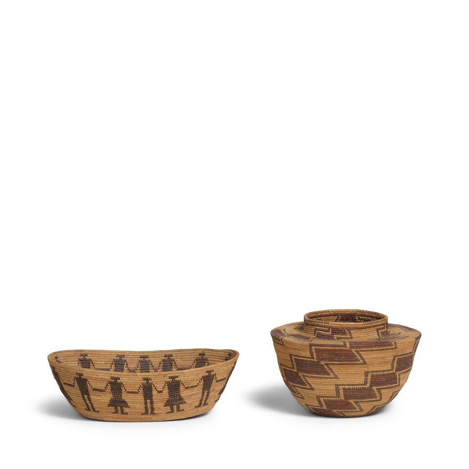 Two petite Yokuts baskets, one attributed to Maggie Sampson: Two petite Yokuts baskets Both finely woven, including an oval Friendship basket, attributed to Maggie Sampson (c. 1850-1900), alternating 14 female and male figures, an old collection label at the