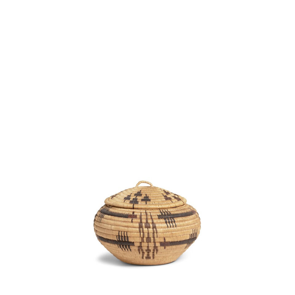 A Washoe polychrome petite lidded basket, possibly the work of Maggie Mayo James: A Washoe polychrome petite lidded basket Possibly the work of Maggie Mayo James, (c.1870 - 1952), finely woven with arrows in flight and serrated columnar designs about the body, the lid with groups