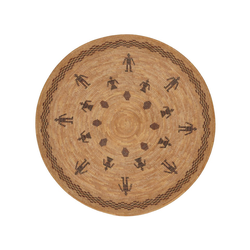 A Minnie Hancock Wilcox, Wukchumni Yokuts polychrome pictorial gambling tray: Minnie Hancock Wilcox Wukchumni Yokuts, (1892-1952), a polychrome pictorial gambling tray, a row of hexagons and two rows of figures encircling the center, a continuous checkerboard zigzag band about