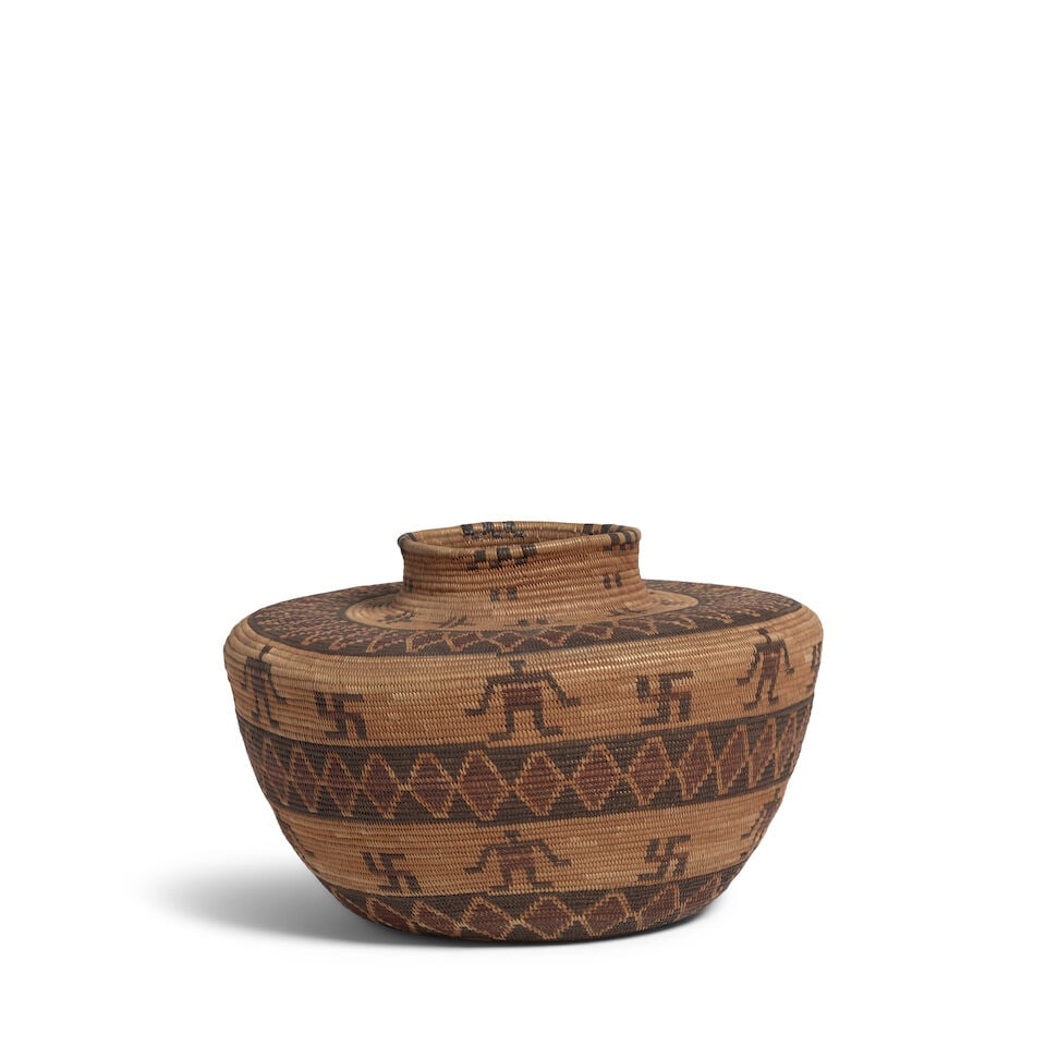 A Louisa Francisco (Mrs. Dick Francisco), Bancalache Yokuts polychrome pictorial bottleneck basket: Louisa (Lasyeh) Francisco (Mrs. Dick Francisco) Bancalache Yokuts, (1857-1953), a polychrome bottleneck pictorial basket, the body alternating rattlesnake bands with rows of human figures and whirling
