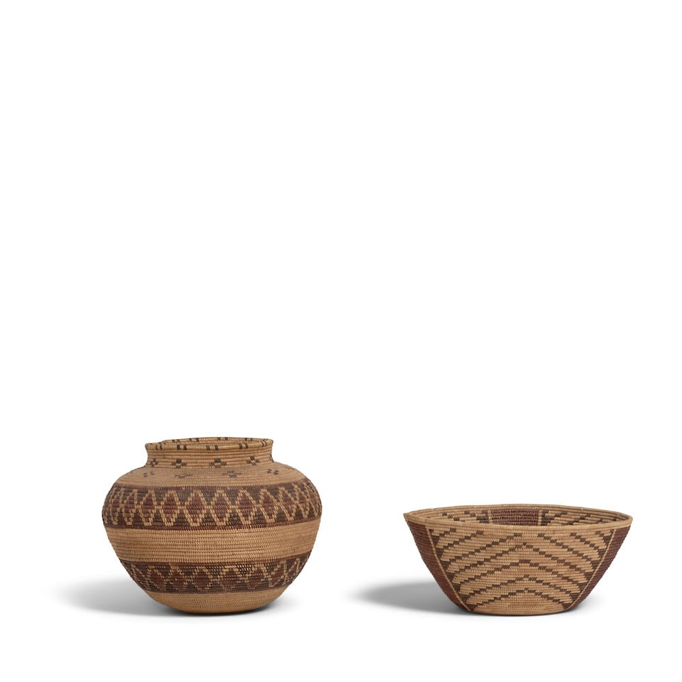 Two Kern Valley region polychrome baskets: Two Kern Valley region polychrome baskets Including a North Fork Mono bowl, three tapered columns linked with stepped chevrons; and a Tubatulabul bottleneck , a pair of rattlesnake bands beneath deer