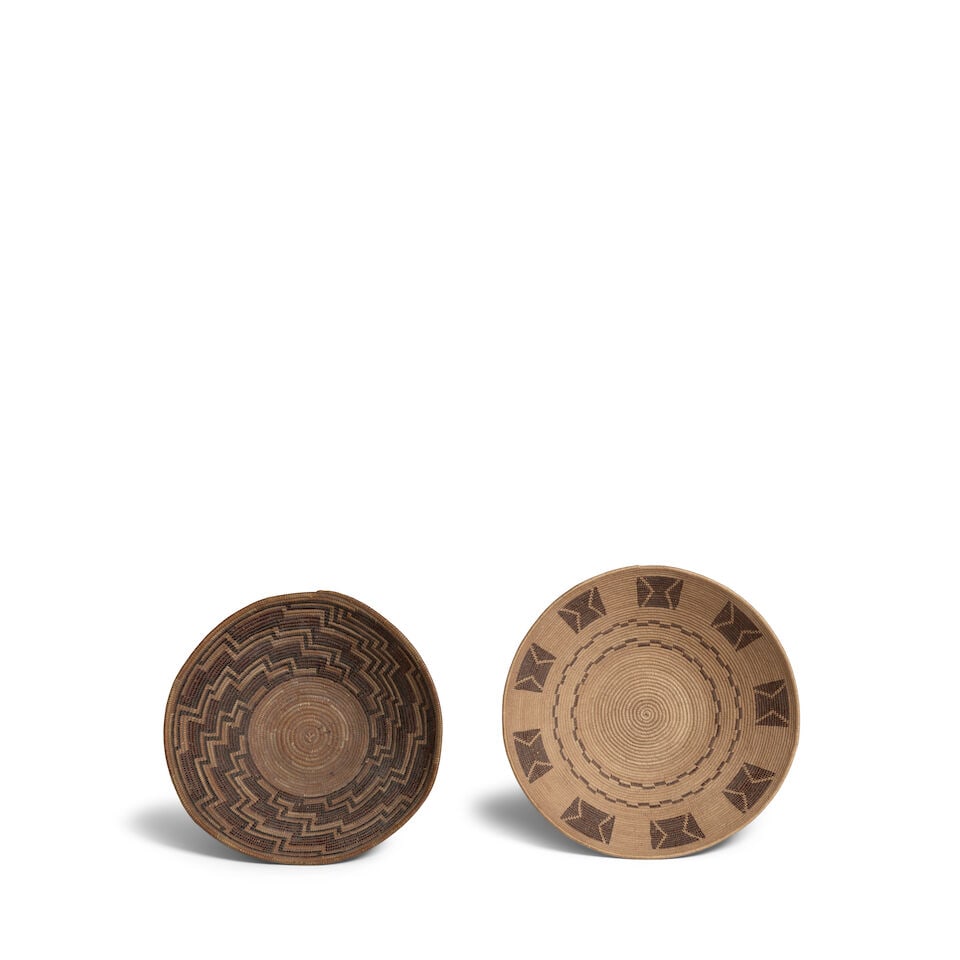 Two Kern Valley region baskets: Two Kern Valley region baskets Including a Yokuts polychrome basket, worked in an allover stepped diagonal fretwork pattern; and a Kawaiisu bowl, bold hourglass motifs above two stepped